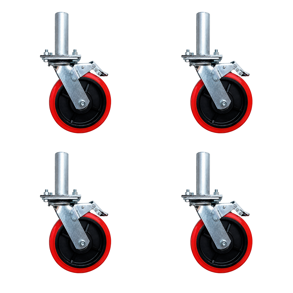 JUEGO DE RUEDAS DE NYLON ROJAS DE 8" CON BASE E. GALVANIZADA - 4 UND